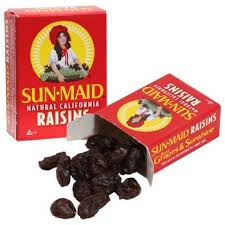 raisins falling out of box of sun-maid brand